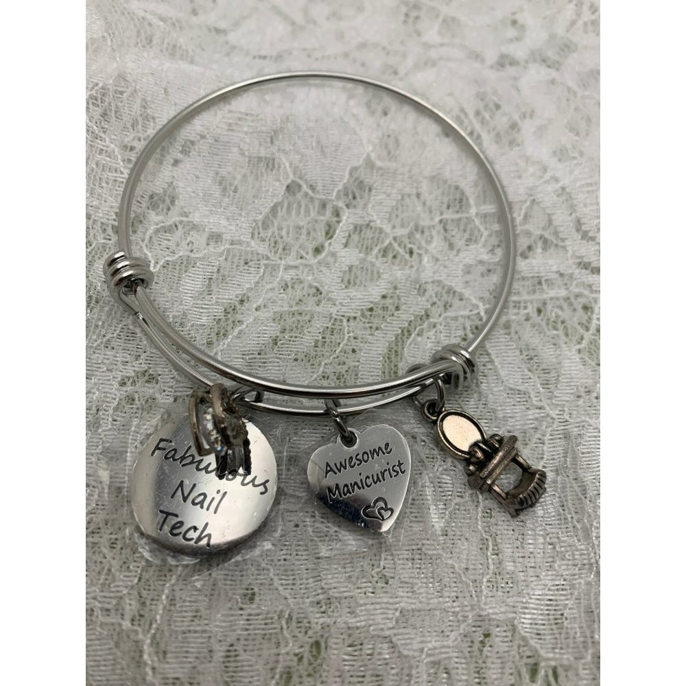 Silver Tone “Awesome Manicurist” “Fabulous Nail Tech” Spring Charm Bracelet